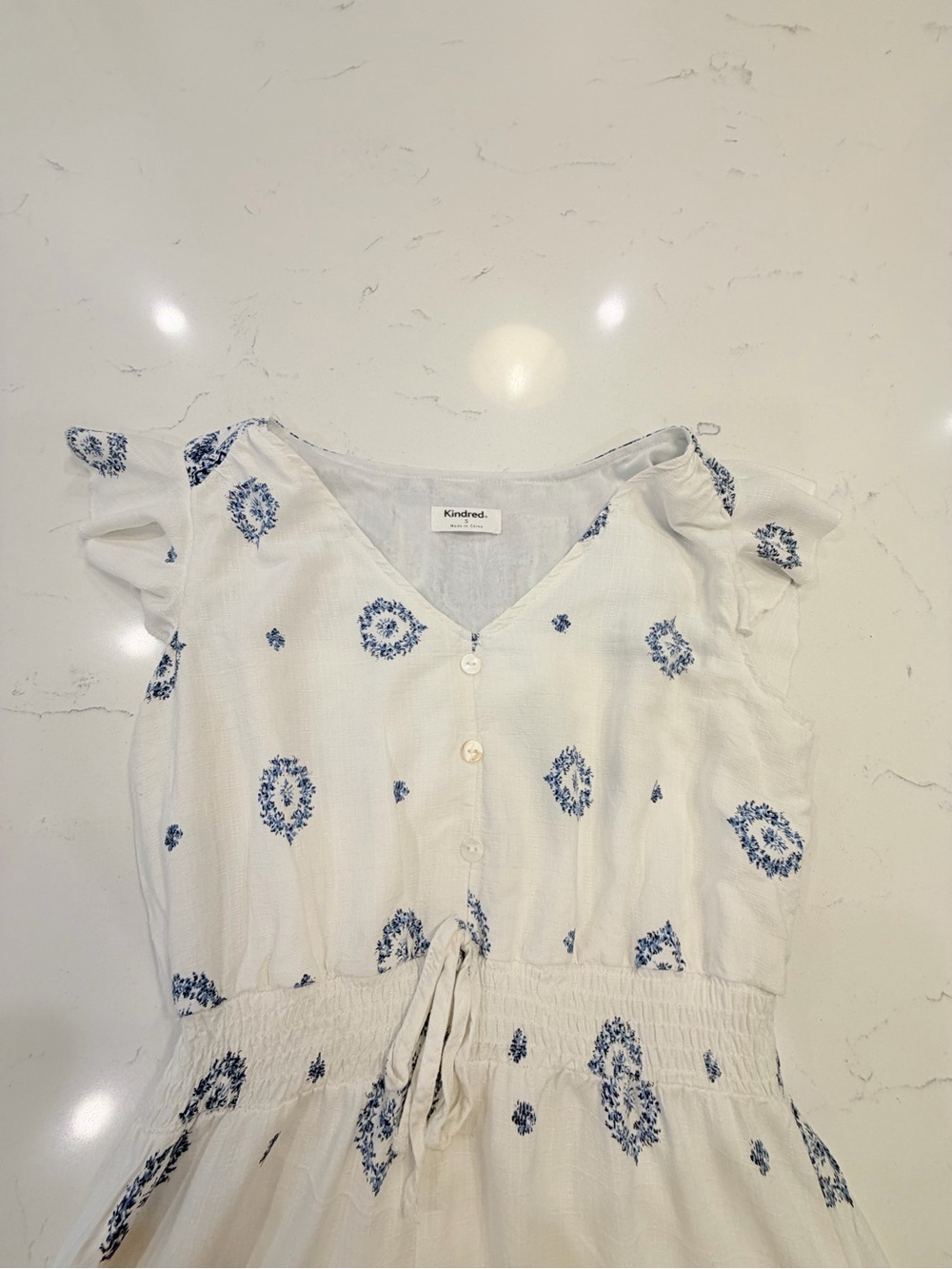 White & Blue Printed Midi Dress with Tie Waist - Picture 3 of 11